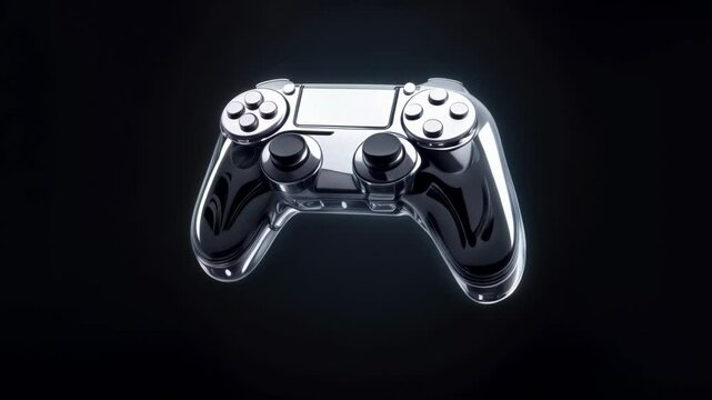 Silver metallic game controller with sleek design rotate around on dark background