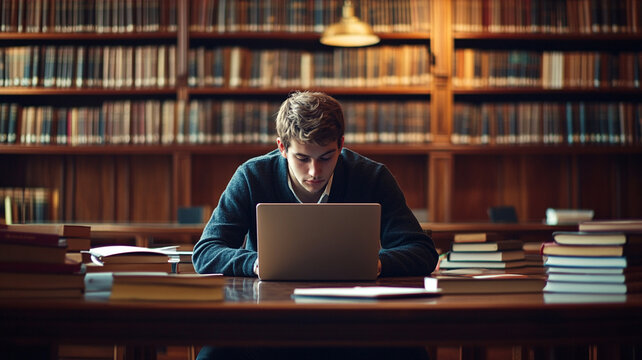A student is using a laptop in the library