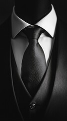Black and white close-up photograph of an elegant men's suit with a vest