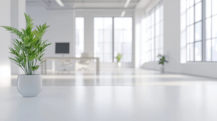 Bright and spacious modern office with white walls and large windows, blurred furniture and desks in the background, minimalist design with natural lighting