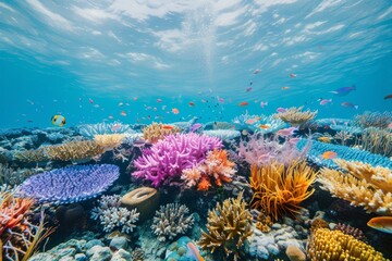 Obraz premium Vibrant coral reef teeming with colorful fish in pristine underwater environment at noon