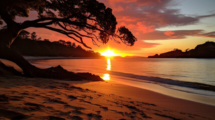 sunset over a beach with boats and palm trees