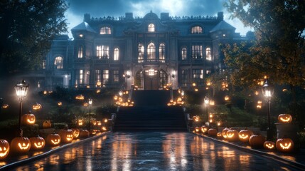 A dark gothic-style school building with glowing jack-o-lanterns lining the entrance