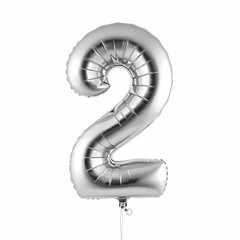 A large silver number 2 shaped balloon, white background