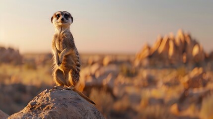 Curious Meerkat Standing Upright on Rock Scanning Horizon with Alert Eyes