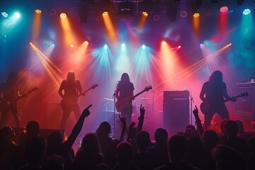 A lively rock band performs on stage in vibrant lighting during a concert that energizes the enthusiastic crowd