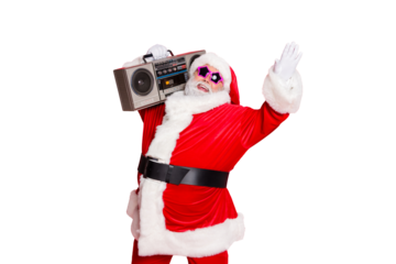  Forever young! Portrait of crazy style santa claus in eyewear eyeglasses raising palms holding retro cassette dancing having christmas party isolated over red background