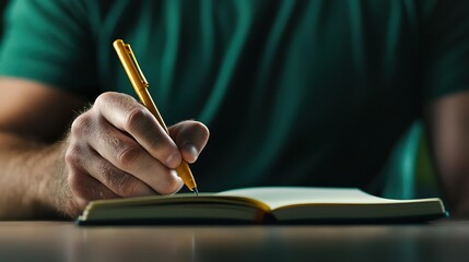 Close-up of a hand writing in a notebook with a pencil.