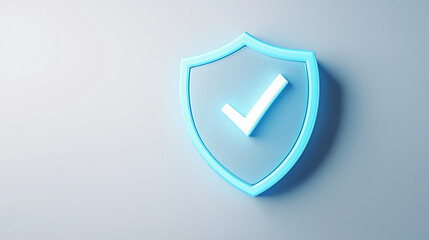 A futuristic blue shield icon with a glowing checkmark at the center, placed on a soft light gray background, symbolizing digital security and trust, wide banner format with copy s