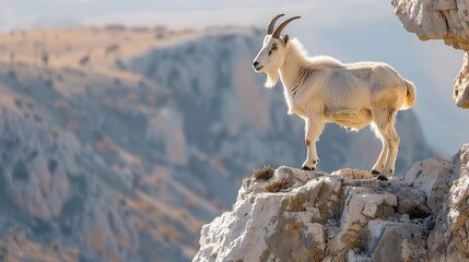 Obraz premium Rugged Mountain Goat on Towering Rocky Cliff in High Altitude Landscape