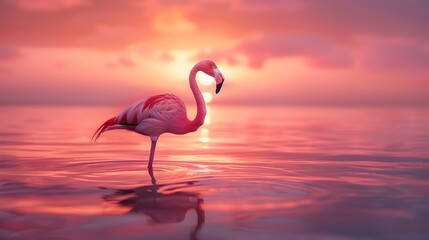 Fototapeta premium Vibrant Pink Flamingo Standing in Serene Sunset Reflection