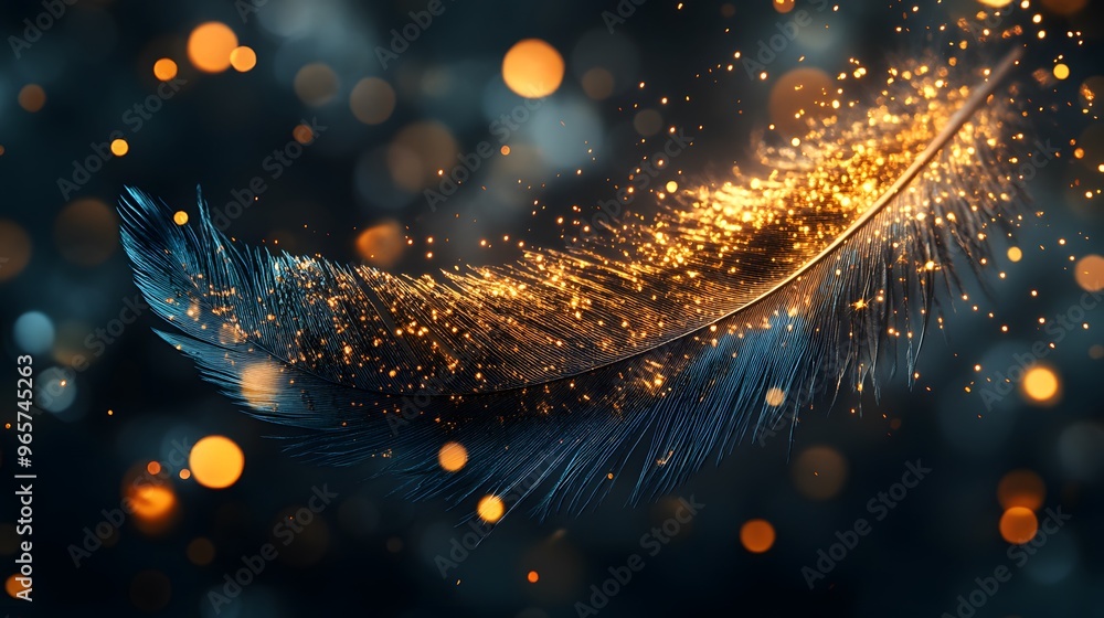 Poster sparkling feather with bokeh lights abstract background