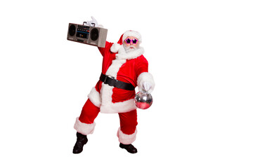 Full length photo of cute santa claus hold style sound boom box glittering ball dancing on noel party wear eyeglasses eyewear hat isolated over red background