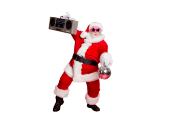 Full length photo of cute santa claus hold style sound boom box glittering ball dancing on noel party wear eyeglasses eyewear hat isolated over red background