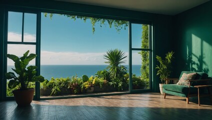 Window in a green room looking at the blue sea