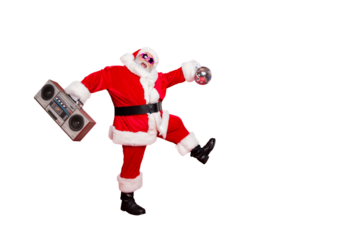 Full length photo of handsome laughing joking active energetic nice comic humorous joking singing jingle bells sants enjoying christmastime holding casette player isolated vivid background