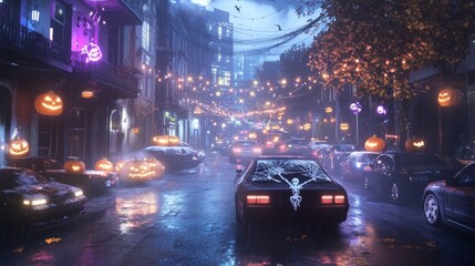 Fototapeta premium A dark Halloween car festival in a neon-lit alley cars covered in cobwebs and eerie skeleton decorations