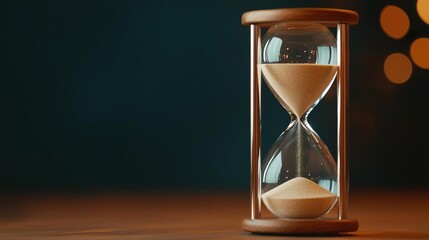Hourglass on a wooden table with a dark background.