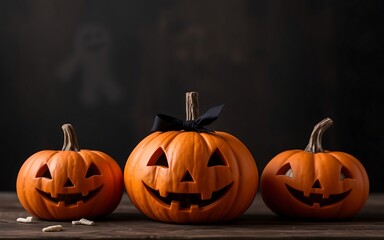 Fototapeta premium Three orange Jack-o'-lanterns on a wooden table, perfect for Halloween decorations and spooky celebrations. 