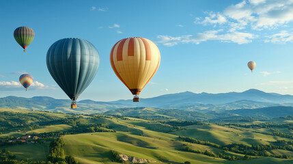 Hot Air Balloons Floating Over Green Hills and Valleys