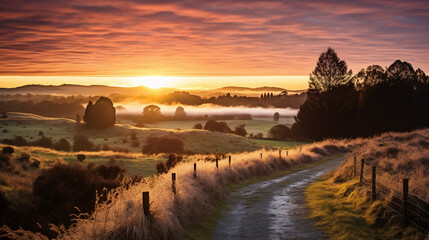 sunrise over a valley with a river