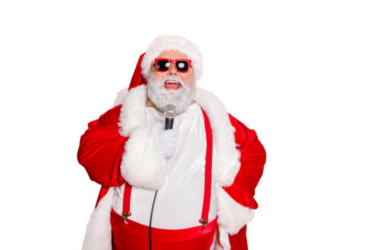 Close up photo of cheerful funny fat pop star santa claus with big belly in headwear hat sing songs wear stylish style trendy eyeglasses eyewear isolated over red background - Powered by Adobe