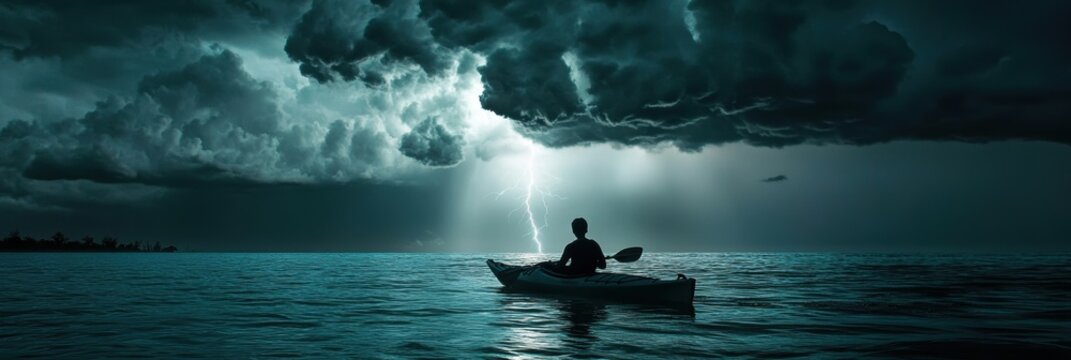 A person kayaking in sea water with lightning strick