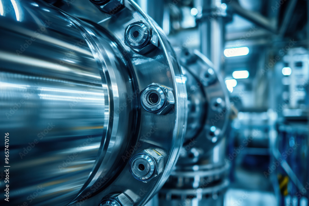 Poster shiny industrial pipeline system with large bolts connecting pipes in a factory