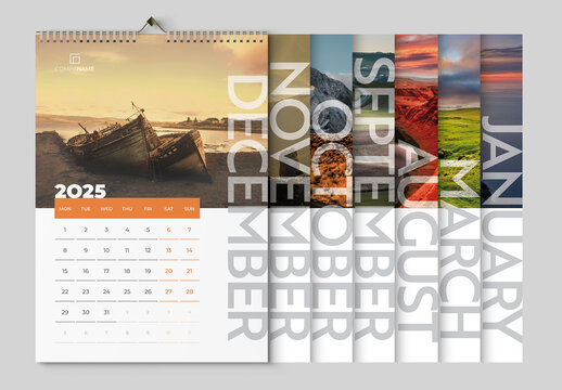 Wall Calendar 2025 Layout with Orange and Green Accents