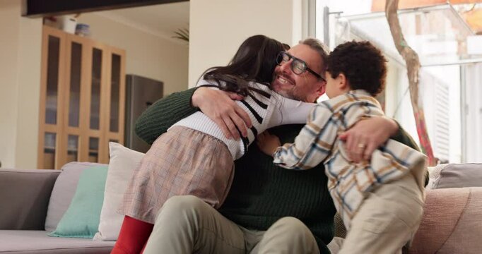 Family, dad and children on sofa for hug, excited and affection in home. Father, kids and embrace in living room for love, trust and appreciation for adoption with relationship development or support