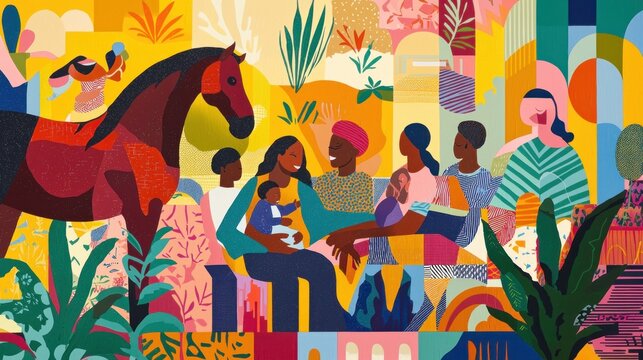 Bright and colourful illustrations of a variety of people, including a man, woman, children and a horse. The figures appear to interact within an abstract environment, with a mix of geometric shapes 