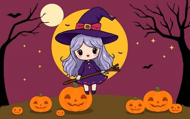 Cute purple witch flying on a broomstick with orange pumpkins in a spooky Halloween night. 
