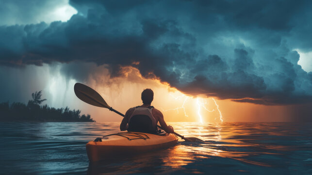 A person kayaking in sea water with lightning strick