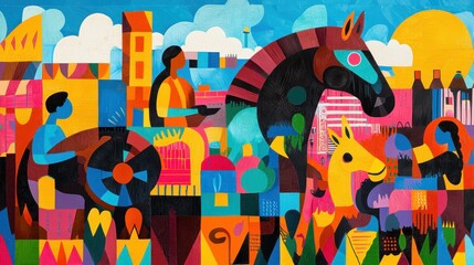 Obraz premium Bright and colourful illustrations of a variety of people, including a man, woman, children and a horse. The figures appear to interact within an abstract environment, with a mix of geometric shapes 