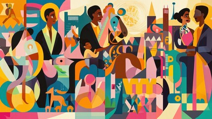 Bright and colourful illustrations of a variety of people, including a man, woman, children and a horse. The figures appear to interact within an abstract environment, with a mix of geometric shapes 