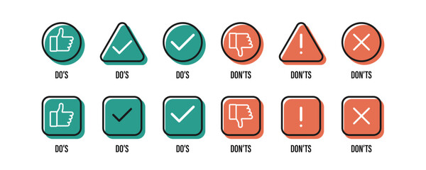 Thumb up and thumb down. Tick and cross. Good and bad symbols. Like and dislike icons. Vector illustration