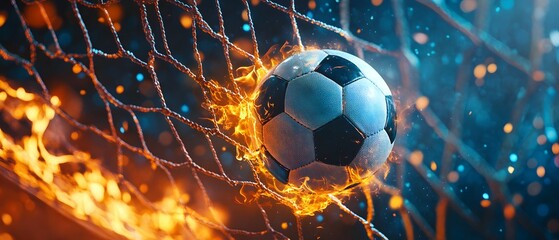Fototapeta premium Burning Soccer Ball in Net Goal Celebration Football Fire Passion Victory