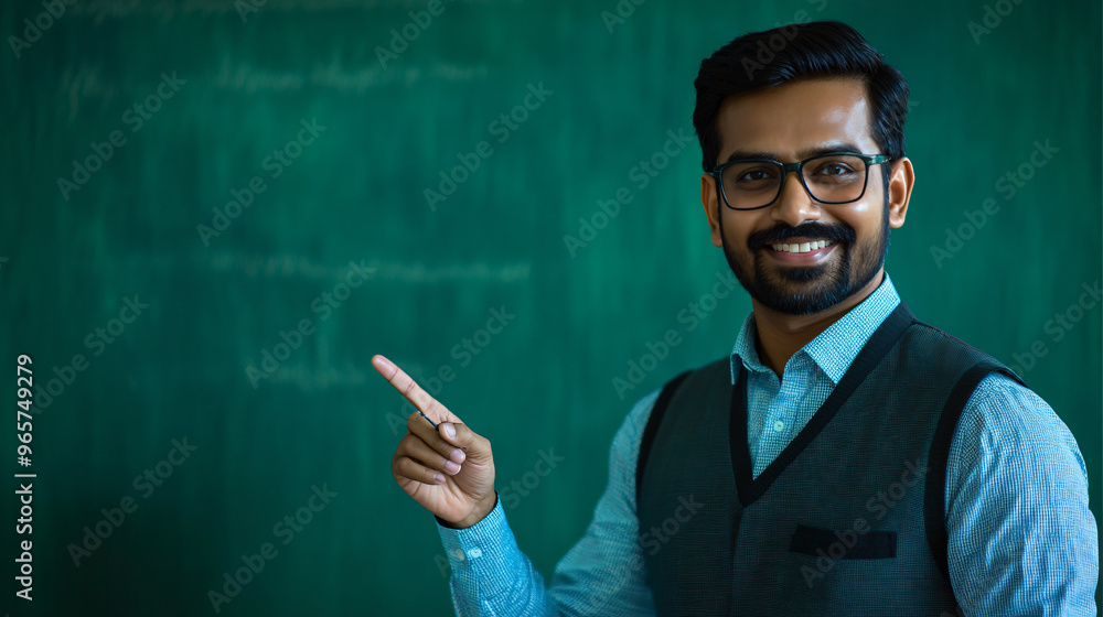 Poster enthusiastic indian educator gestures to a blank chalkboard in a classroom, creating an atmosphere o