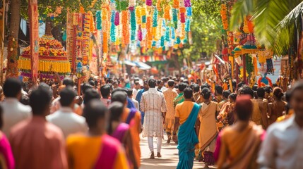 Obraz premium A vibrant scene of a religious festival, with cultural performances, traditional attire, and joyful participants.