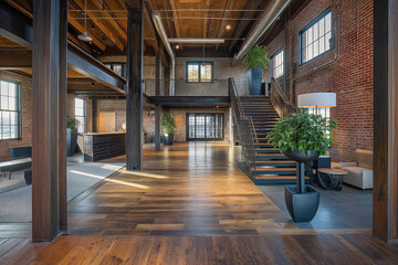 Modern open concept office space utilizing exposed brick and steel beams from the original structure