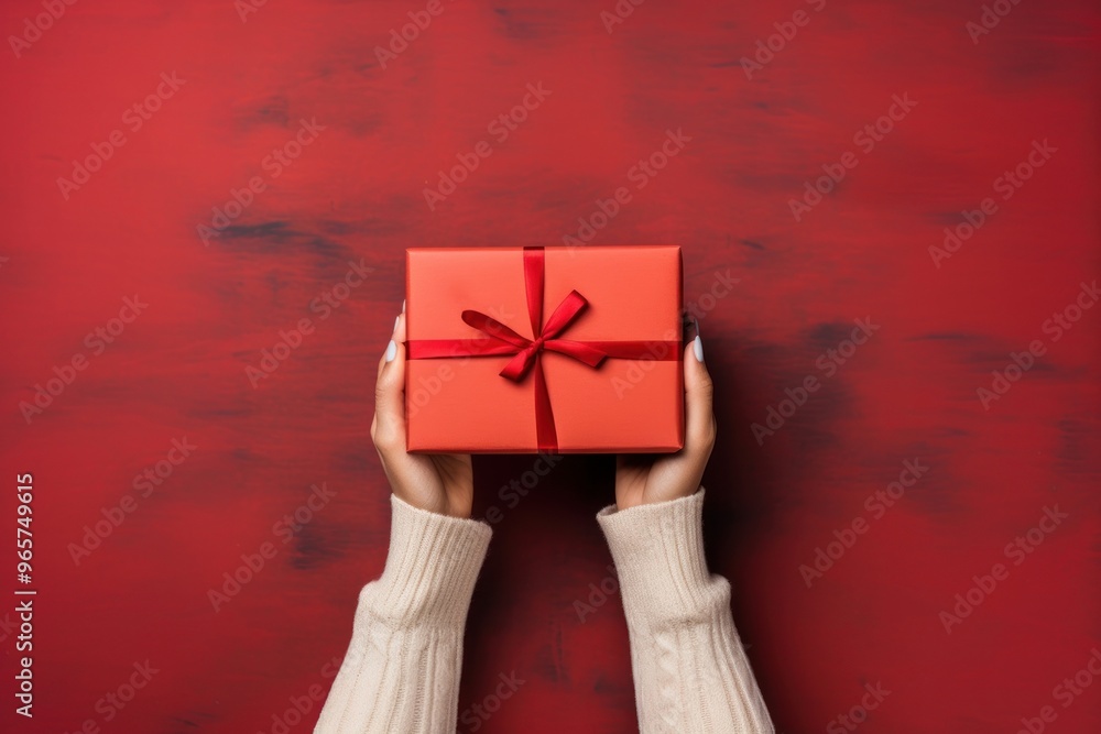 Wall mural christmas gift box holding hand red.