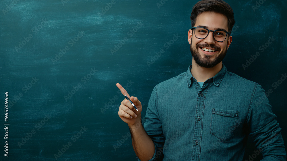 Poster smiling instructor gestures toward a blank chalkboard in a serene lecture hall, teaching a lesson to