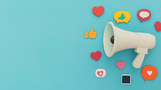 White megaphone with social media icons on blue background.