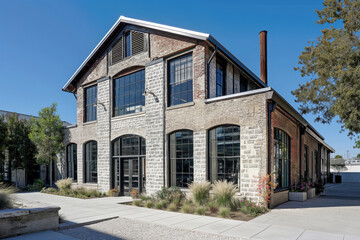 Old brick and stone industrial building with modern upgrades is bathed in sunlight