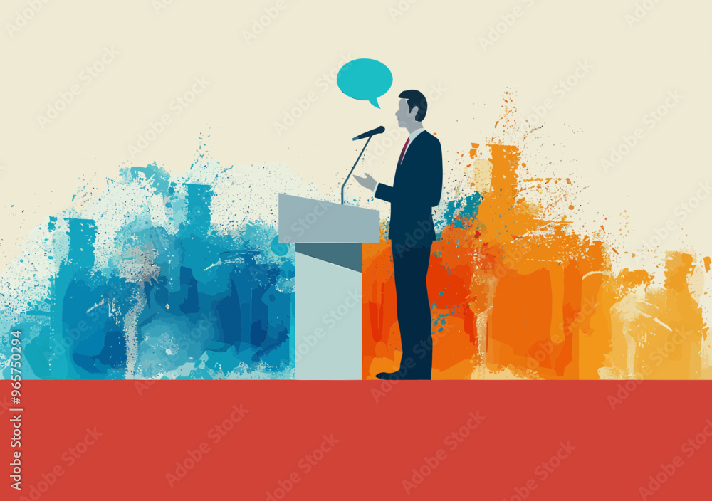 Poster minimalist vector illustration of public speaker at podium in business setting with abstract art bac