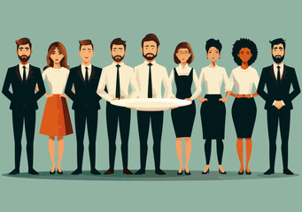 Obraz premium Business Team on a Silver Platter - Conceptual Illustration of Professional Teamwork, Service Excellence, and Corporate Strategy in Office Setting, Morning, Professional Mood, Minimalistic Art Style