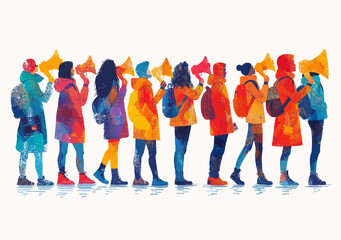Fototapeta premium Colorful Vector Illustration of Diverse People Using Megaphones for Promotion and Communication