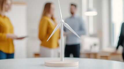 A group of people standing around an electric wind turbine model on a table, wearing business attire and talking to each other in a front view