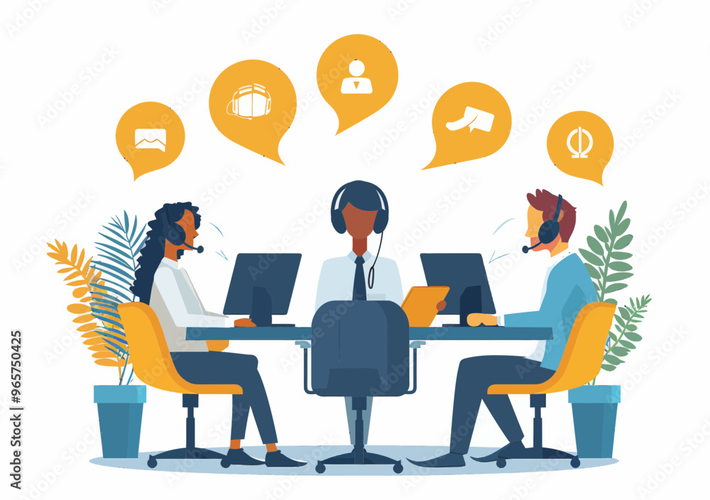 Poster customer service call center hotline operators with headsets providing online technical support 24/7