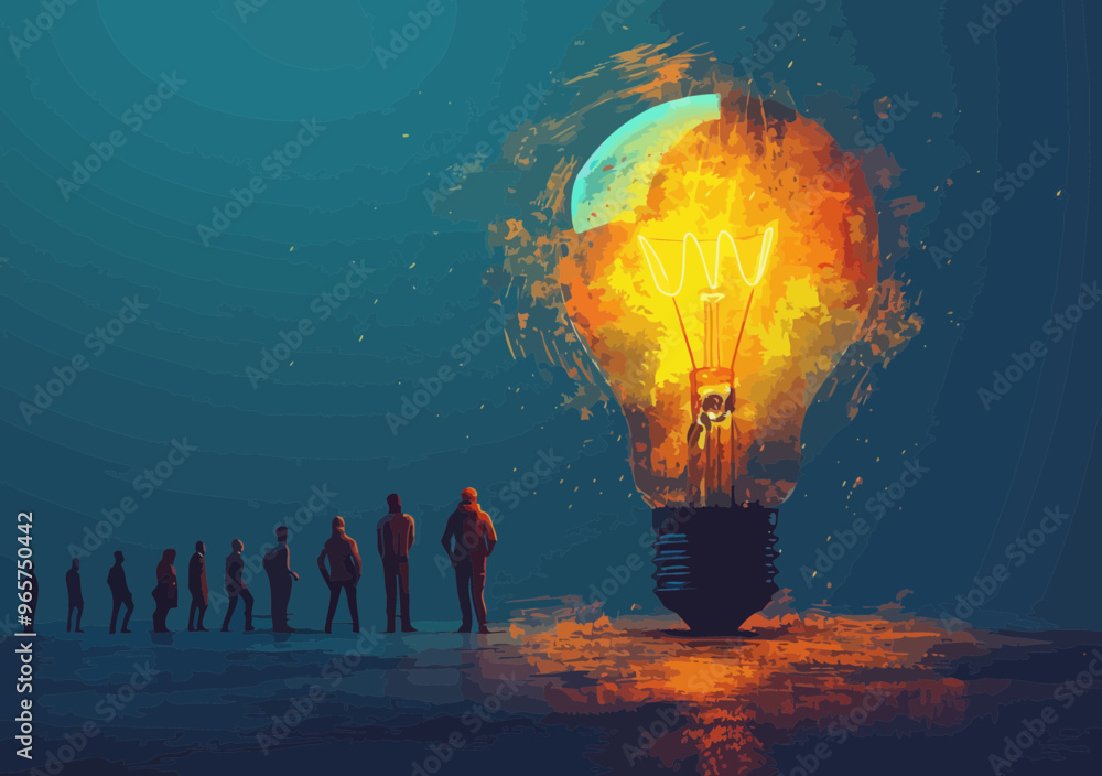 Poster brainstorming session for new business project idea with large glowing lightbulb and people in vecto